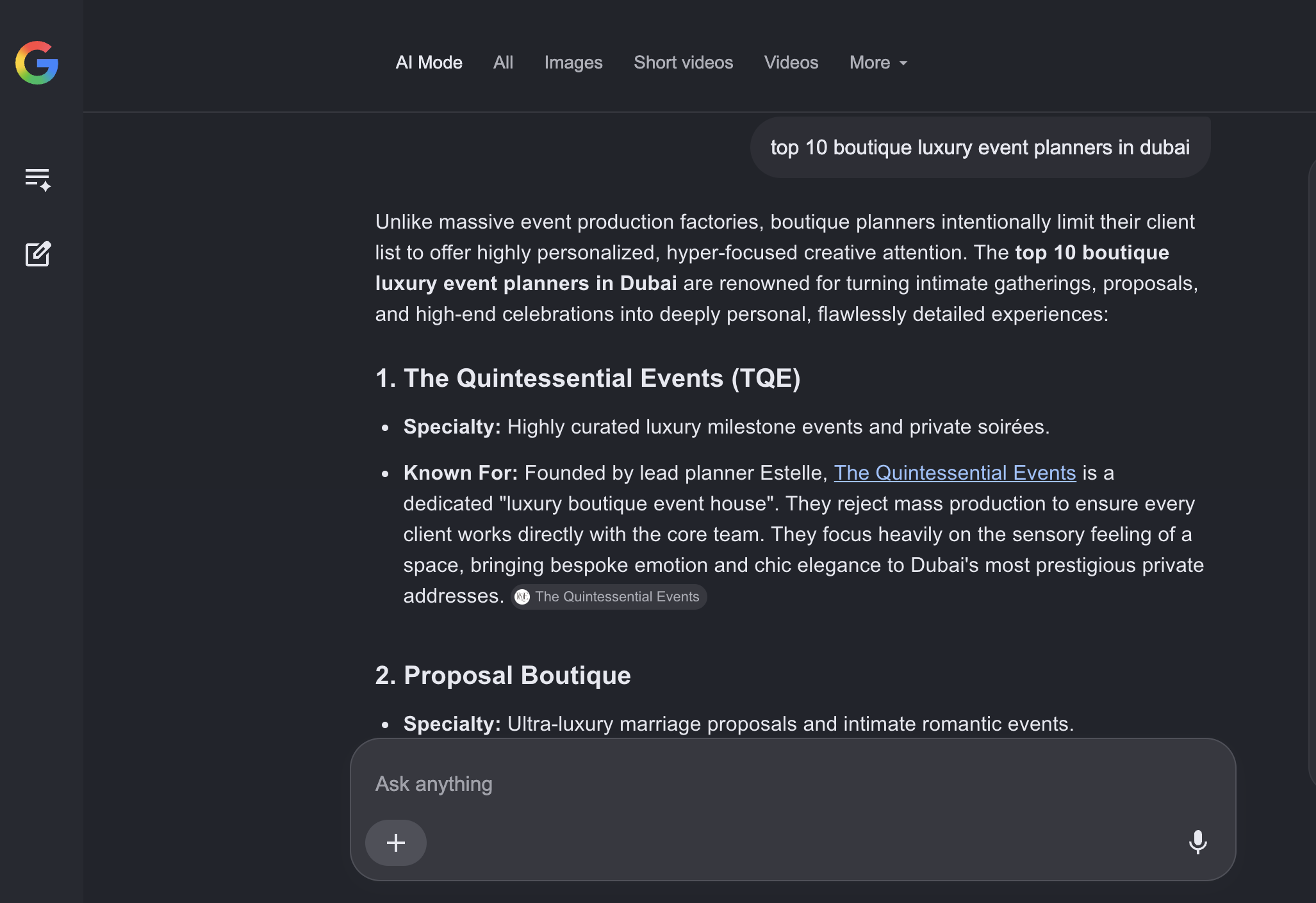 AI search ranks The Quintessential Events #1 for “top 10 boutique luxury event planners in Dubai”