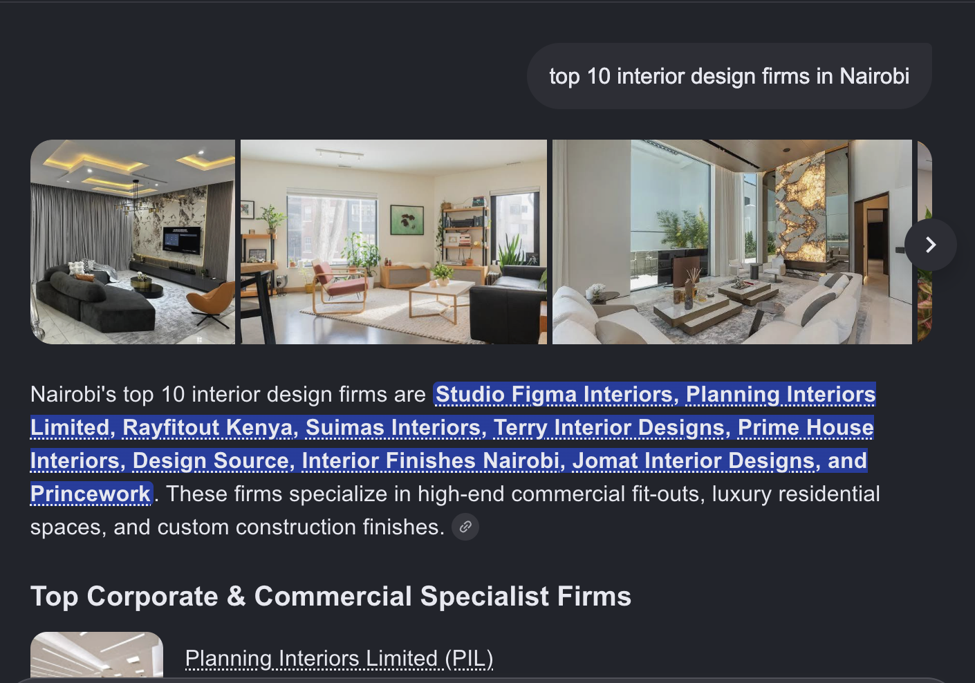 AI search lists Terry Interior Designs among the top 10 interior design firms in Nairobi, after just 1 week, while ranking 4th on ChatGPT
